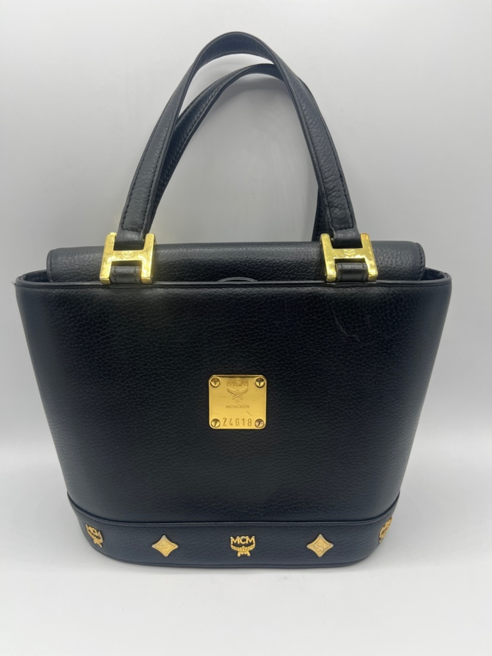 MCM Mini Black Leather Satchel with Gold Hardware and Logo Studs